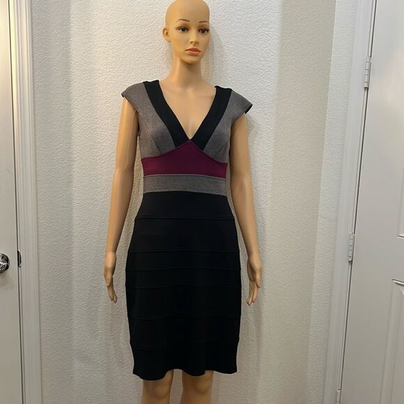 Maggy London Dress Sz 4 v Neck Cap Sleeve Black Gray Burgundy Silver Zipper - Picture 1 of 9